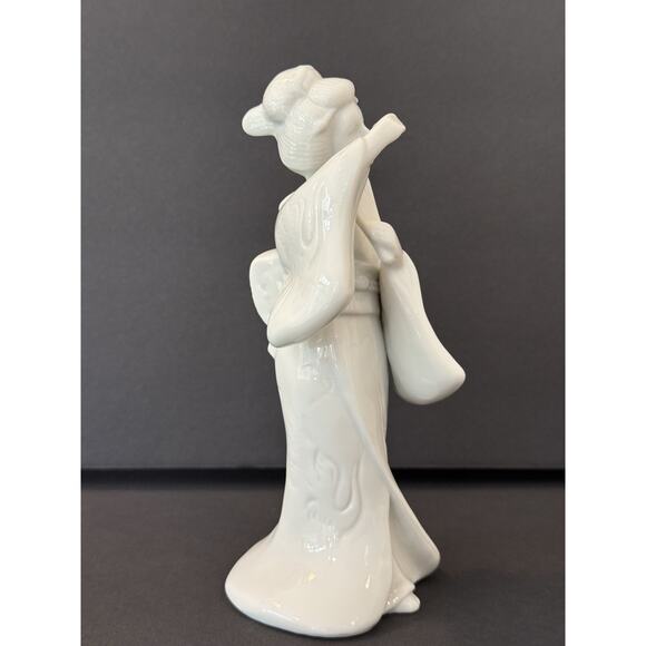 Vintage White Porcelain Geisha Figurine Woman w/ Fan Marked 1443 Crossed Swords - Picture 8 of 8